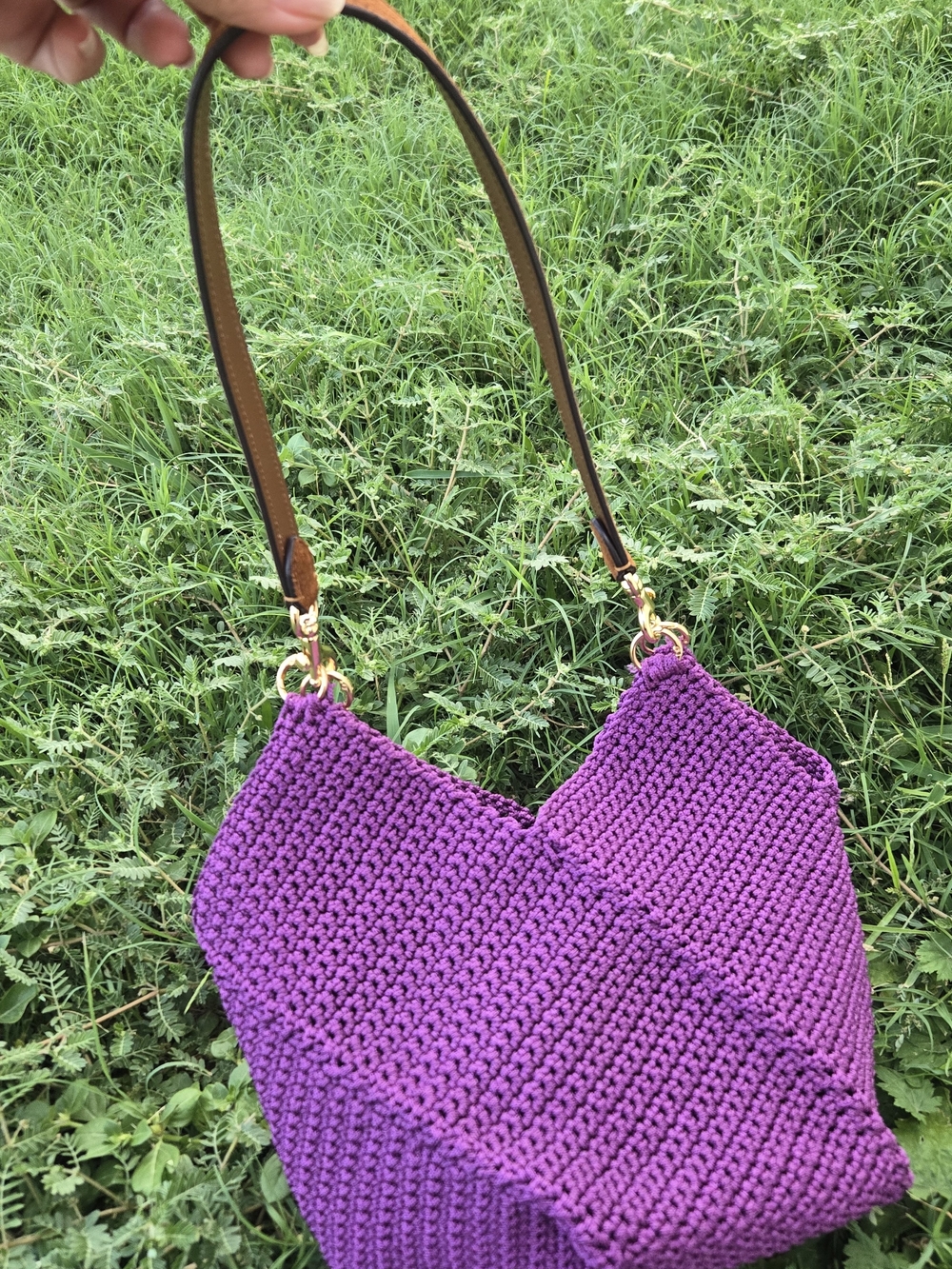 Handcrafted Purple Crochet Shoulder Bag with Brown Strap
